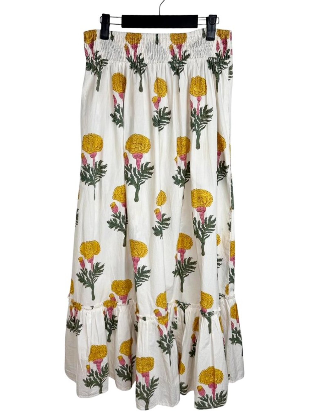 MAREA Dandelion Cotton Block Print Tiered Maxi Skirt - Picture 2 of 8